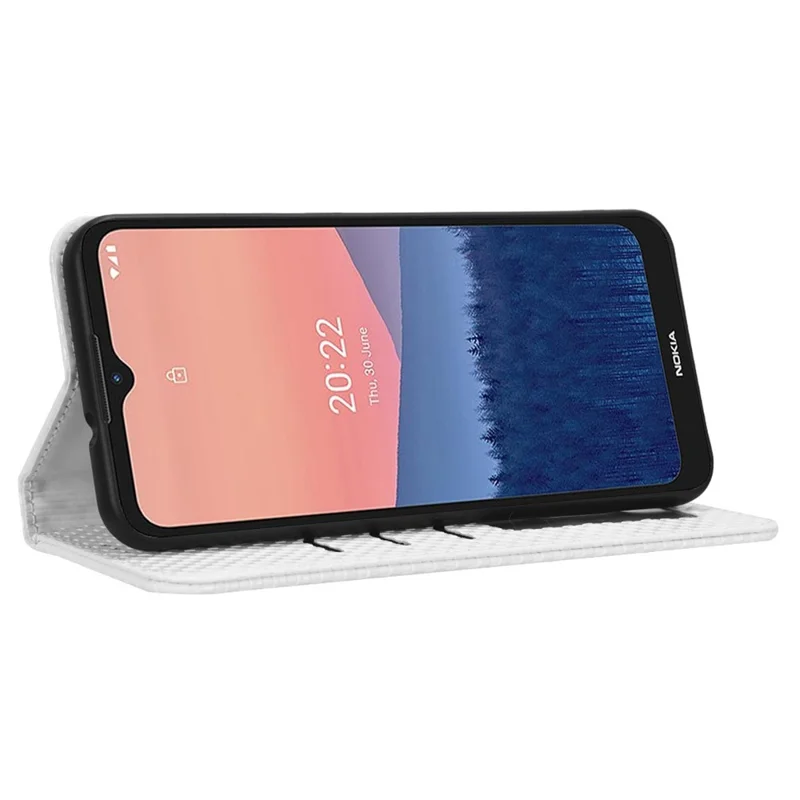 Phone Wallet Case For Nokia C21, Grid Texture Magnetic Auto-absorbed PU Leather Phone Cover Wear-resistant Phone Shell - White