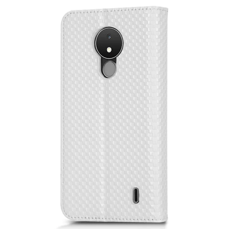 Phone Wallet Case For Nokia C21, Grid Texture Magnetic Auto-absorbed PU Leather Phone Cover Wear-resistant Phone Shell - White