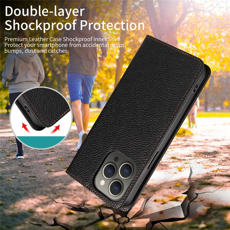 For iPhone 14 Pro Max Case RFID Blocking Strong Magnetic Leather Wallet Phone Cover - Black