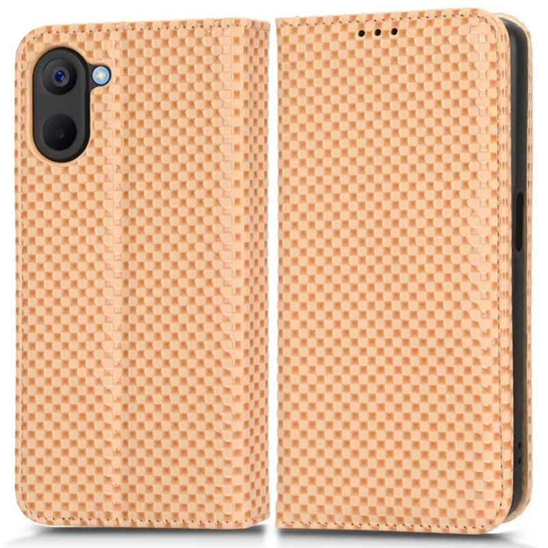 For Realme V20 5G Shockproof PU Leather Phone Wallet Case Grid Texture Magnetic Auto-absorbed Phone Protective Cover with Stand - Beige