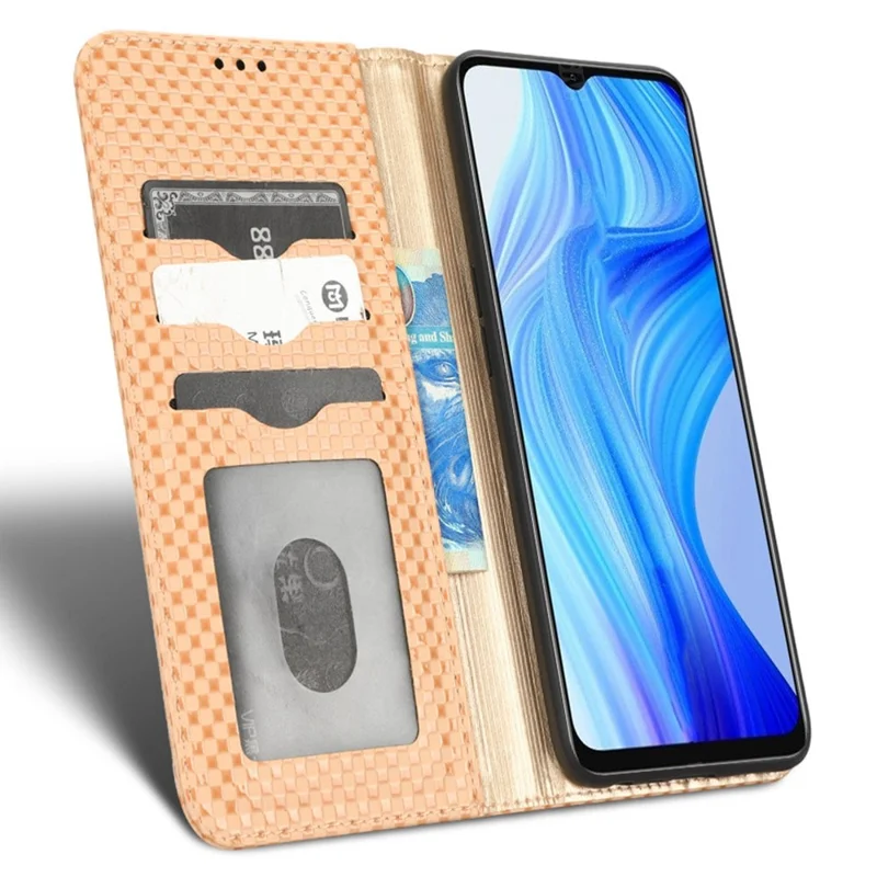 For Realme V20 5G Shockproof PU Leather Phone Wallet Case Grid Texture Magnetic Auto-absorbed Phone Protective Cover with Stand - Beige