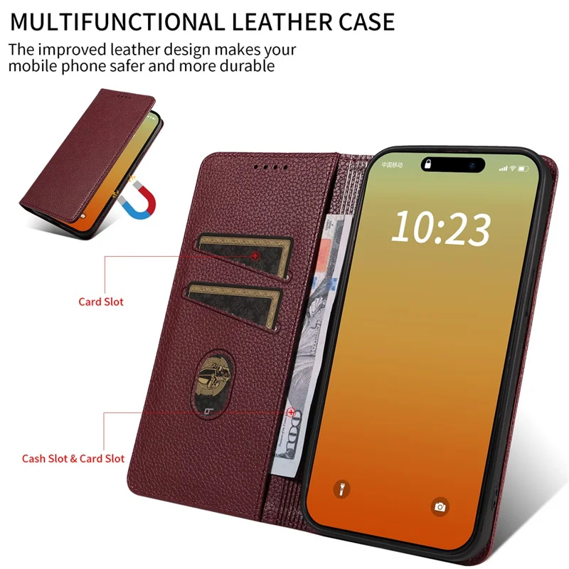 For iPhone 14 Pro Case RFID Blocking Strong Magnetic Leather Wallet Phone Cover - Wine Red