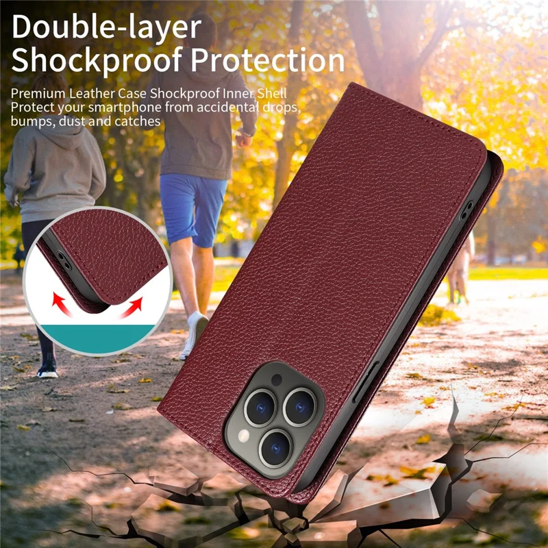 For iPhone 14 Pro Case RFID Blocking Strong Magnetic Leather Wallet Phone Cover - Wine Red