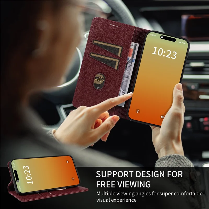 For iPhone 14 Pro Case RFID Blocking Strong Magnetic Leather Wallet Phone Cover - Wine Red
