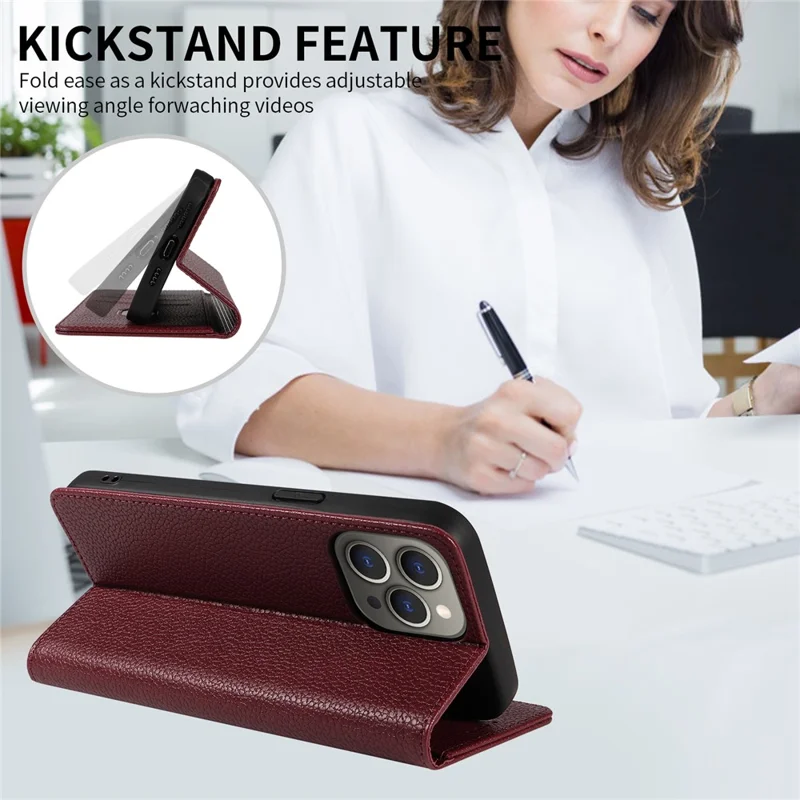 For iPhone 14 Pro Case RFID Blocking Strong Magnetic Leather Wallet Phone Cover - Wine Red