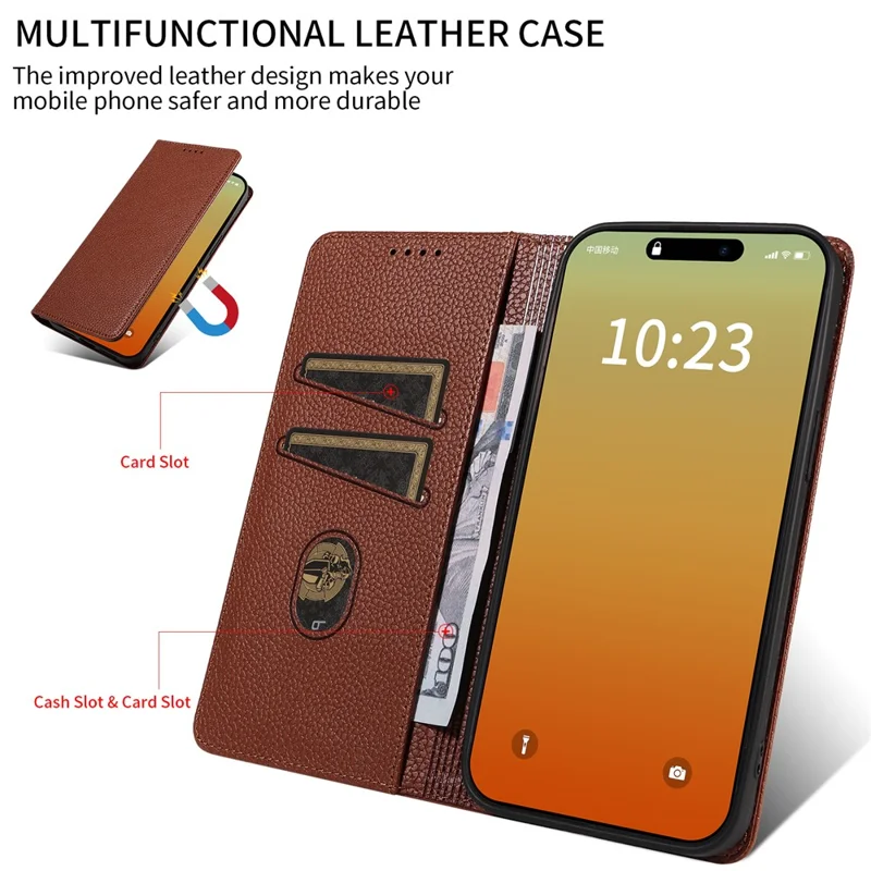 For iPhone 13 Pro Max Case RFID Blocking Strong Magnetic Leather Wallet Phone Cover - Brown