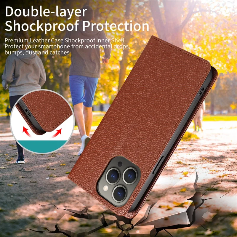 For iPhone 13 Pro Max Case RFID Blocking Strong Magnetic Leather Wallet Phone Cover - Brown