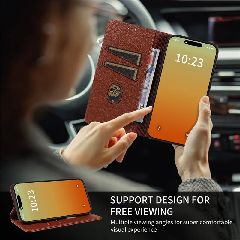For iPhone 13 Pro Max Case RFID Blocking Strong Magnetic Leather Wallet Phone Cover - Brown