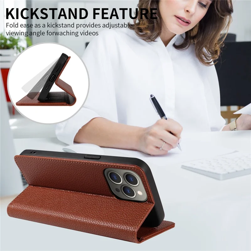 For iPhone 13 Pro Max Case RFID Blocking Strong Magnetic Leather Wallet Phone Cover - Brown