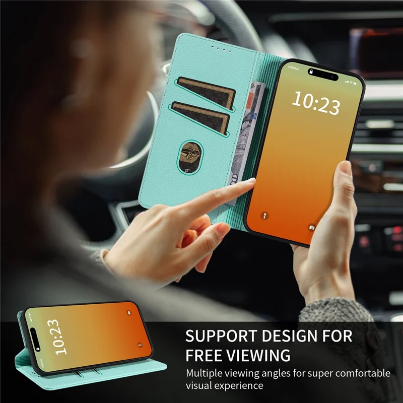 For iPhone 13 Pro Case RFID Blocking Strong Magnetic Leather Wallet Phone Cover - Mint Green