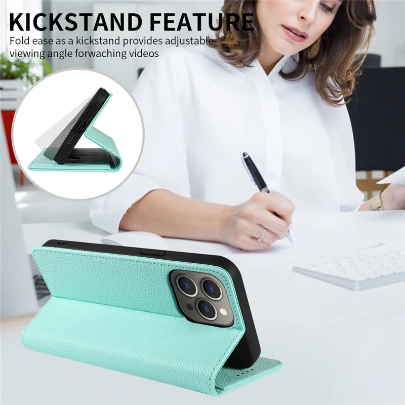 For iPhone 13 Pro Case RFID Blocking Strong Magnetic Leather Wallet Phone Cover - Mint Green