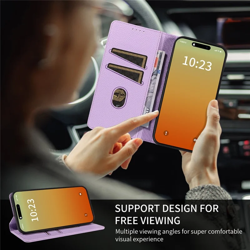 For iPhone 15 Pro Max Case RFID Blocking Strong Magnetic Leather Wallet Phone Cover - Purple