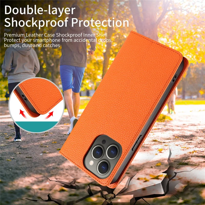 Voor iPhone 15 Pro hoesje RFID-blokkering met sterke magneet Lederen portemonnee telefoonhoes - Oranje