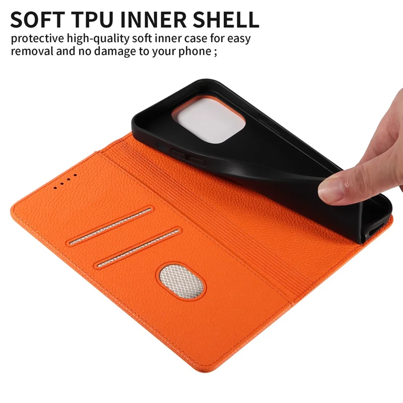 Voor iPhone 15 Pro hoesje RFID-blokkering met sterke magneet Lederen portemonnee telefoonhoes - Oranje