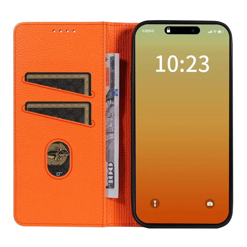 Voor iPhone 15 Pro hoesje RFID-blokkering met sterke magneet Lederen portemonnee telefoonhoes - Oranje