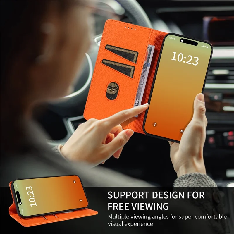 Voor iPhone 15 Pro hoesje RFID-blokkering met sterke magneet Lederen portemonnee telefoonhoes - Oranje