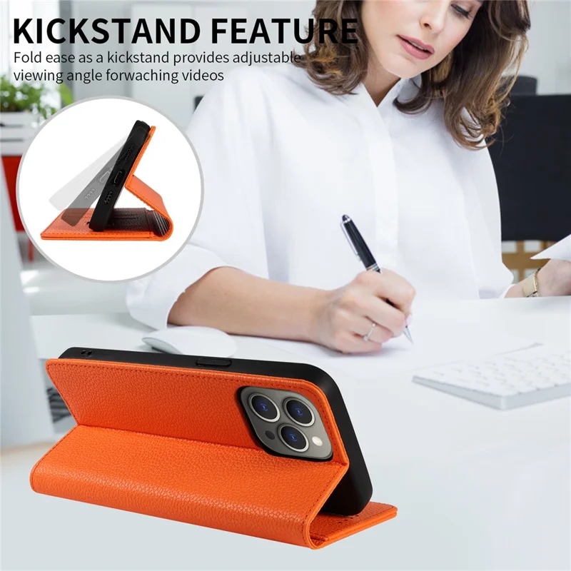 Voor iPhone 15 Pro hoesje RFID-blokkering met sterke magneet Lederen portemonnee telefoonhoes - Oranje