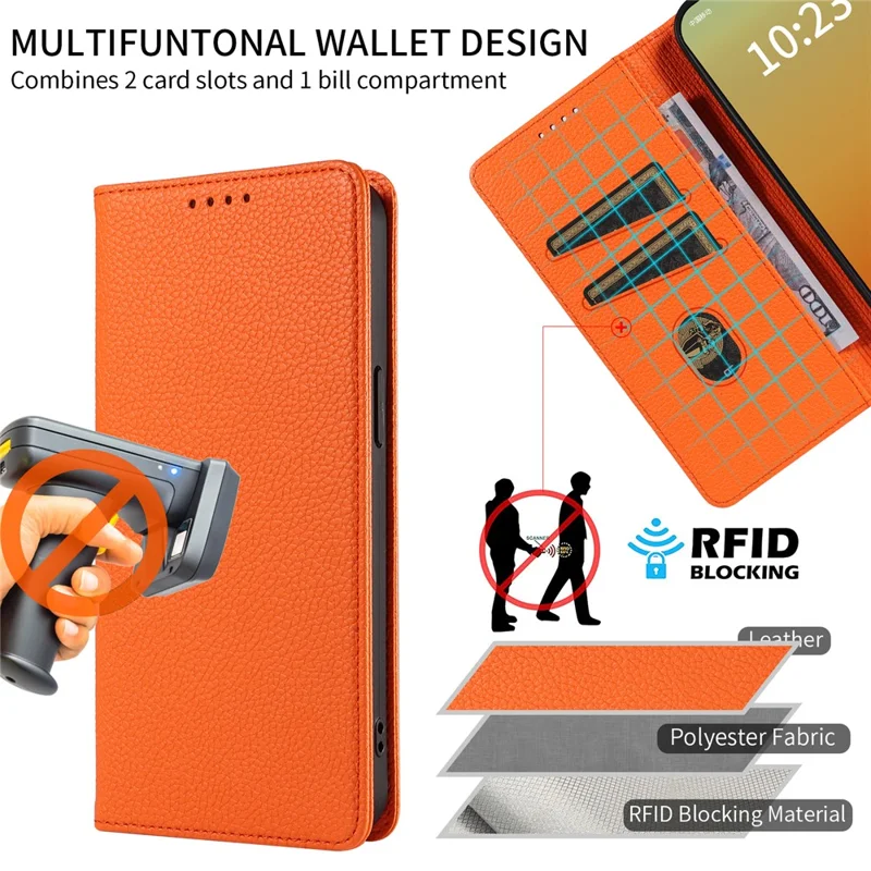 Voor iPhone 15 Pro hoesje RFID-blokkering met sterke magneet Lederen portemonnee telefoonhoes - Oranje