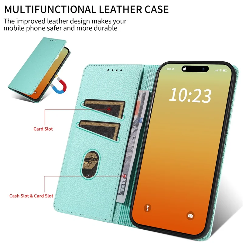 For iPhone 16 Pro Max Case RFID Blocking Strong Magnetic Leather Wallet Phone Cover - Mint Green
