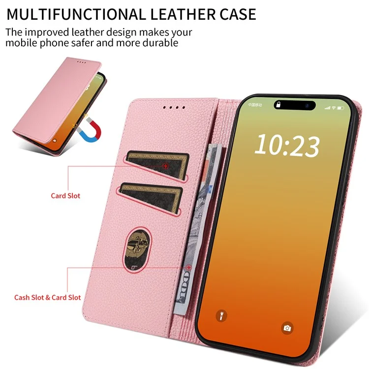 Custodia per iPhone 16 Pro Caso RFID Blocking Strong Magnetic Leather Wallet Phone Cover - Rosa