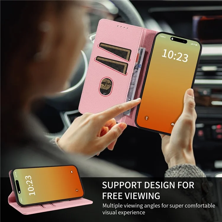 Custodia per iPhone 16 Pro Caso RFID Blocking Strong Magnetic Leather Wallet Phone Cover - Rosa