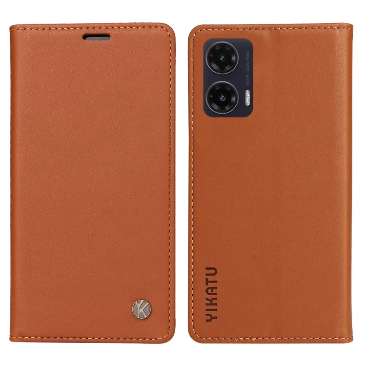 YIKATU YK-001 Чехол для Motorola Moto G35 5G с подставкой, кожаный чехол для телефона с сильной магнитной застежкой - Коричневый