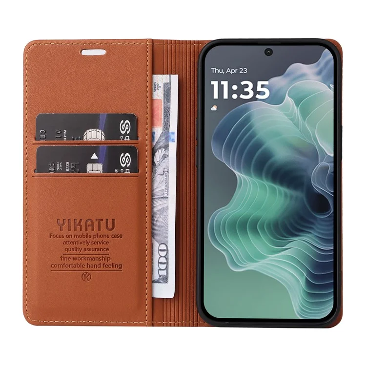 YIKATU YK-001 Чехол для Motorola Moto G35 5G с подставкой, кожаный чехол для телефона с сильной магнитной застежкой - Коричневый