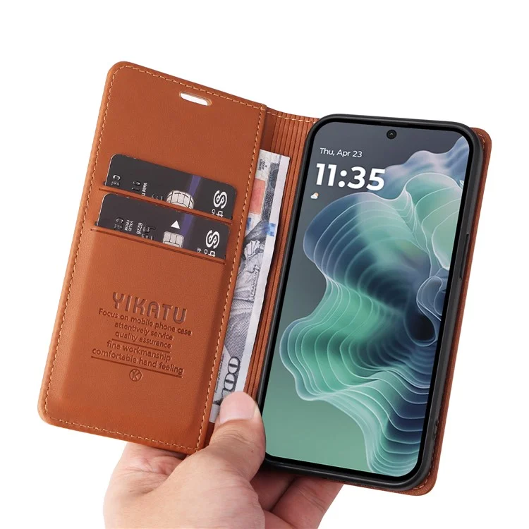 YIKATU YK-001 Чехол для Motorola Moto G35 5G с подставкой, кожаный чехол для телефона с сильной магнитной застежкой - Коричневый