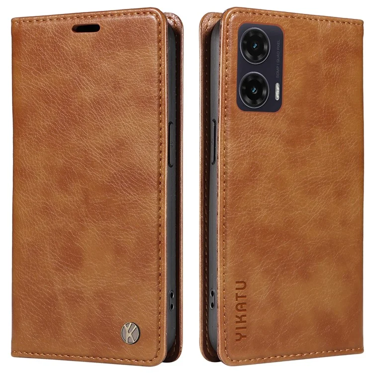 YIKATU YK-006 Capa para Motorola Moto G35 5G com slots para cartões, fechamento magnético, capa de telefone de couro com textura de lichia - Marrom