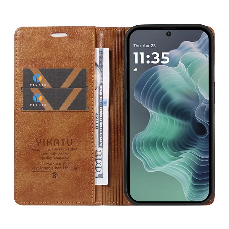YIKATU YK-006 Capa para Motorola Moto G35 5G com slots para cartões, fechamento magnético, capa de telefone de couro com textura de lichia - Marrom