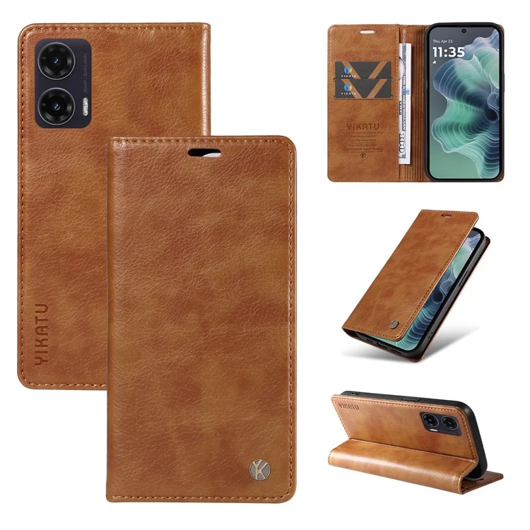 YIKATU YK-006 Capa para Motorola Moto G35 5G com slots para cartões, fechamento magnético, capa de telefone de couro com textura de lichia - Marrom