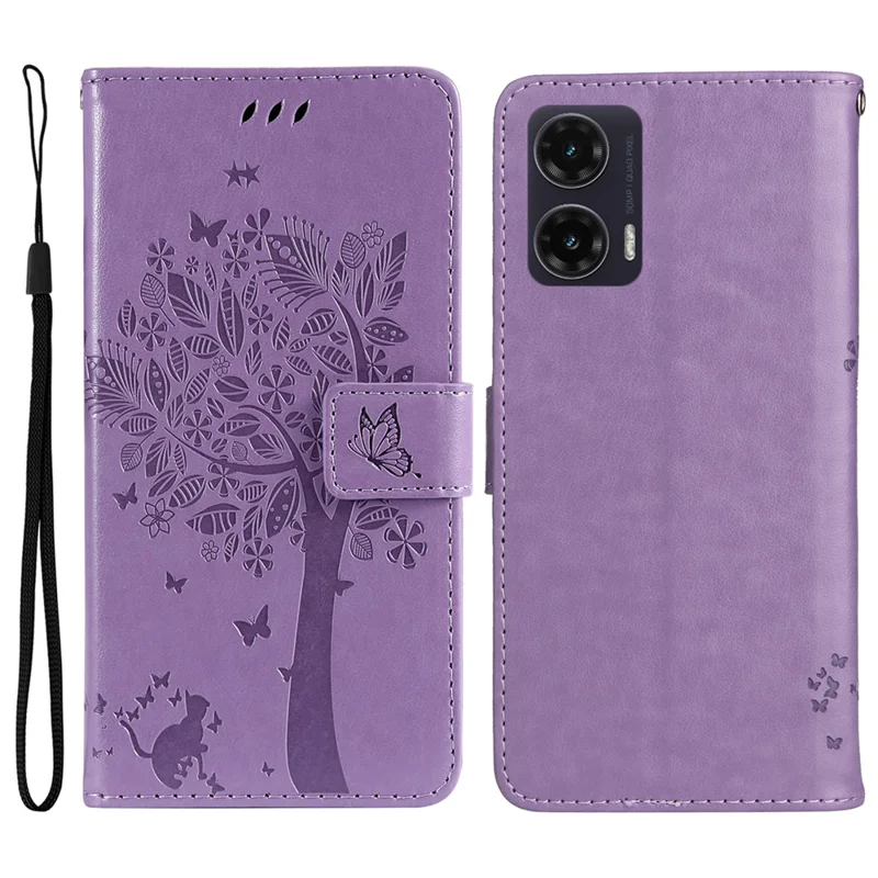 Motorola Moto G35 5G hoesje met standaard, kat en boom patroon, lederen portemonnee mobiel hoesje - Lichtpaars