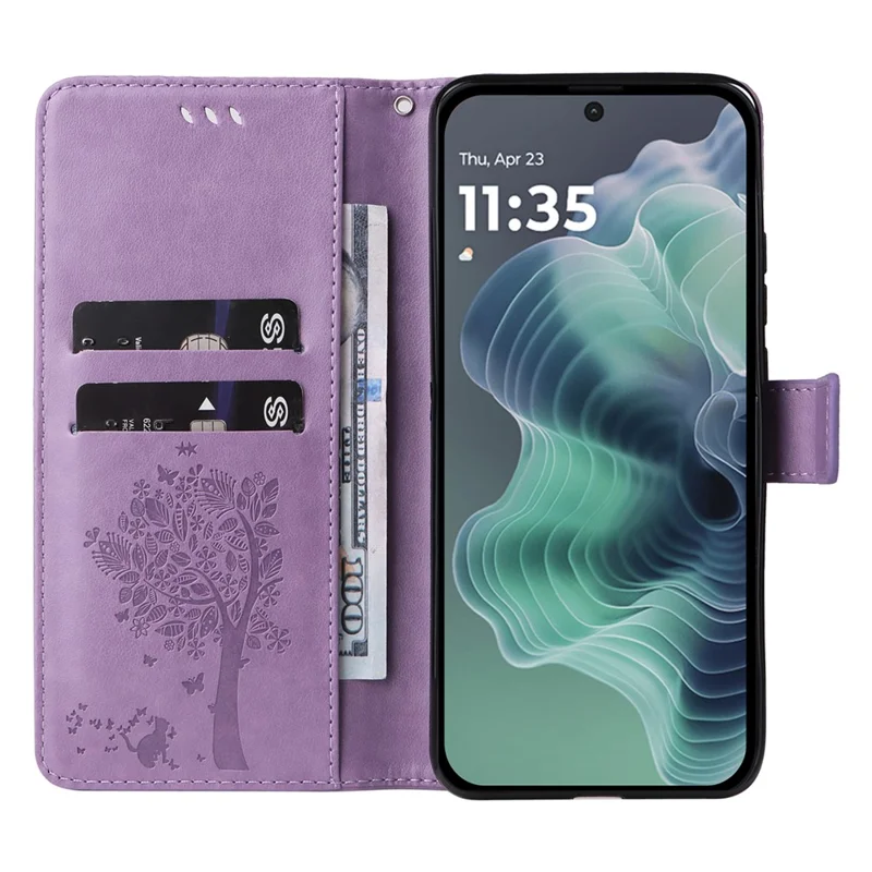 Motorola Moto G35 5G hoesje met standaard, kat en boom patroon, lederen portemonnee mobiel hoesje - Lichtpaars