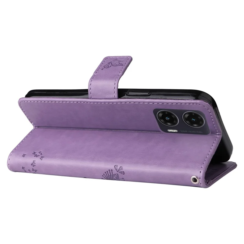 Motorola Moto G35 5G hoesje met standaard, kat en boom patroon, lederen portemonnee mobiel hoesje - Lichtpaars