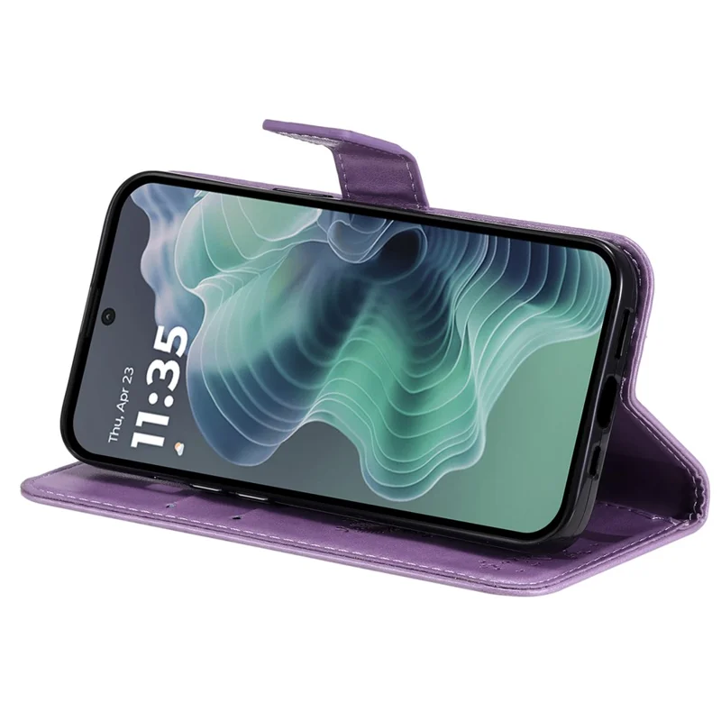 Motorola Moto G35 5G hoesje met standaard, kat en boom patroon, lederen portemonnee mobiel hoesje - Lichtpaars