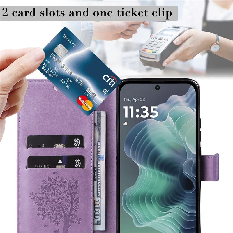 Motorola Moto G35 5G hoesje met standaard, kat en boom patroon, lederen portemonnee mobiel hoesje - Lichtpaars