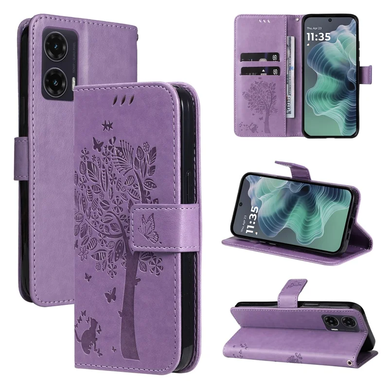 Motorola Moto G35 5G hoesje met standaard, kat en boom patroon, lederen portemonnee mobiel hoesje - Lichtpaars