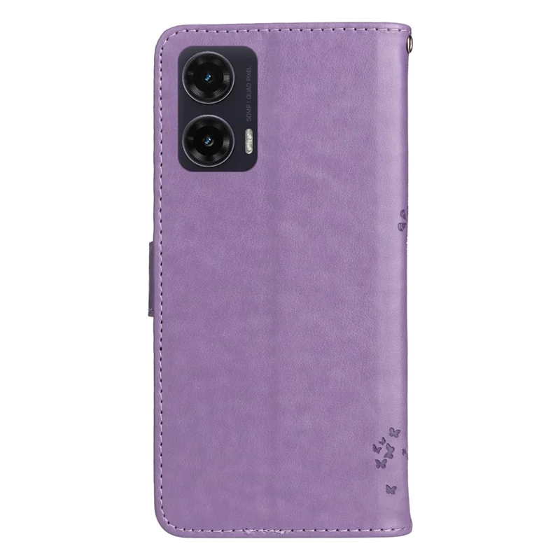 Motorola Moto G35 5G hoesje met standaard, kat en boom patroon, lederen portemonnee mobiel hoesje - Lichtpaars