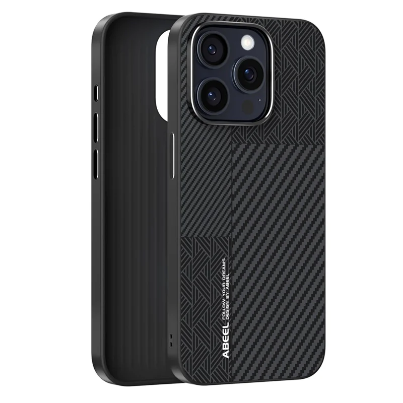 ABEEL Coque pour iPhone 15 Pro Max PC + TPU + Alliage d'aluminium + Cuir PU Compatible avec MagSafe - Texture 3