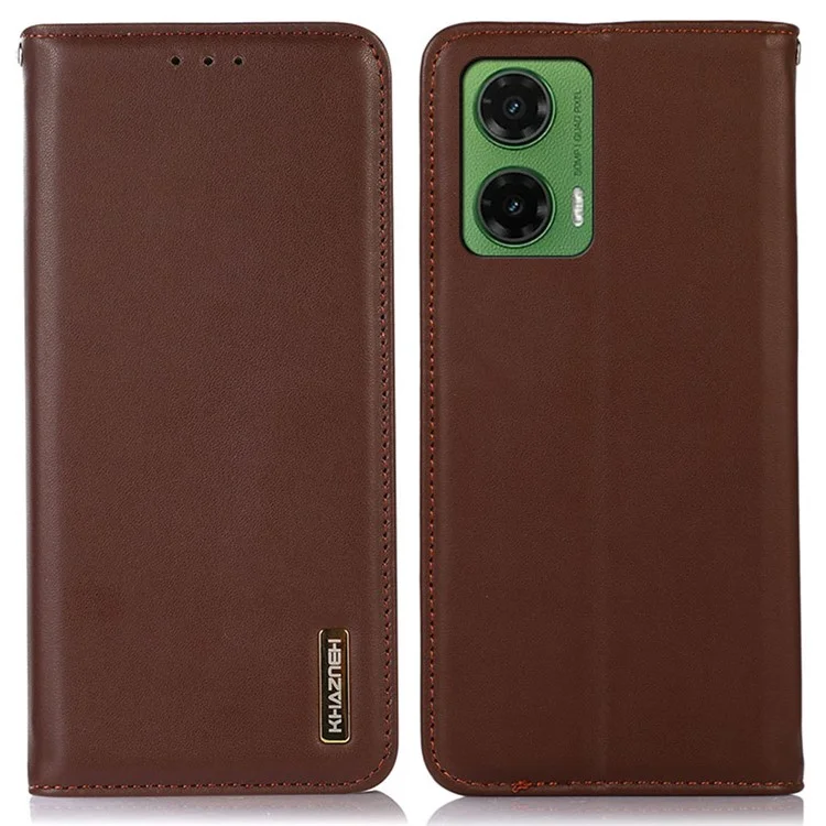 KHAZNEH Genuine Cowhide Leather Wallet Phone Case for Motorola Moto G35 5G - Brown