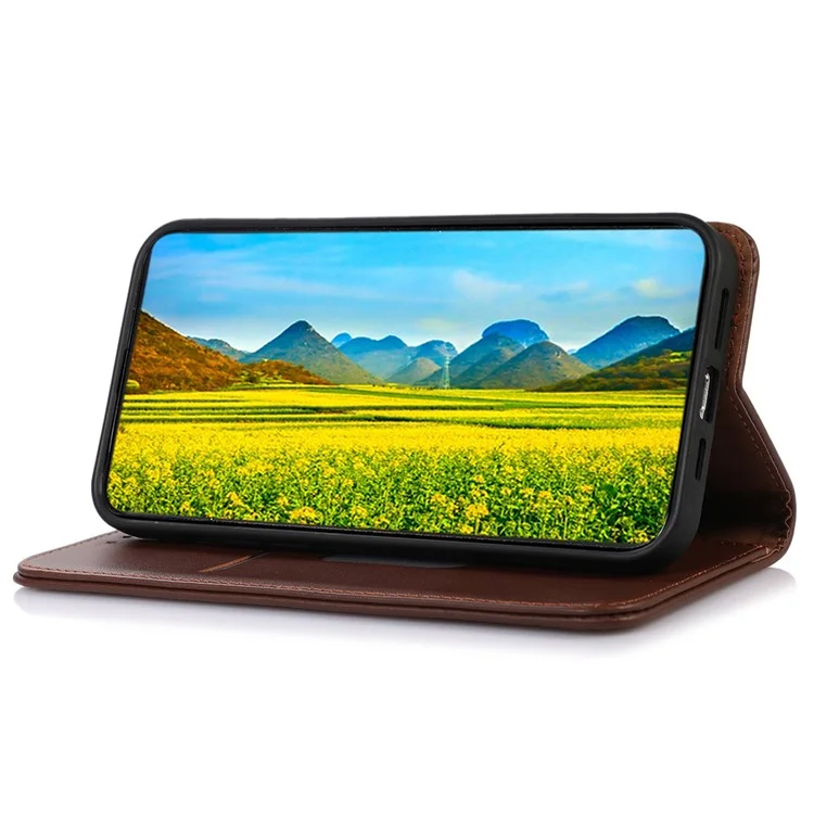 KHAZNEH Genuine Cowhide Leather Wallet Phone Case for Motorola Moto G35 5G - Brown