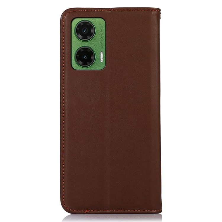 KHAZNEH Genuine Cowhide Leather Wallet Phone Case for Motorola Moto G35 5G - Brown