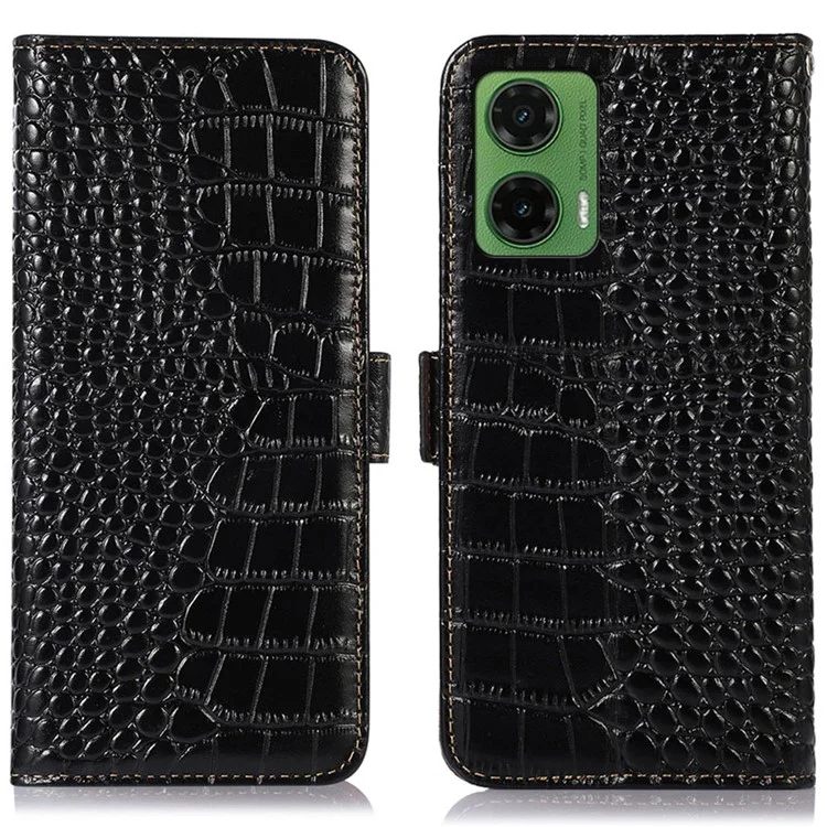 For Motorola Moto G35 5G Crocodile Texture Genuine Cowhide Leather Wallet Phone Case - Black