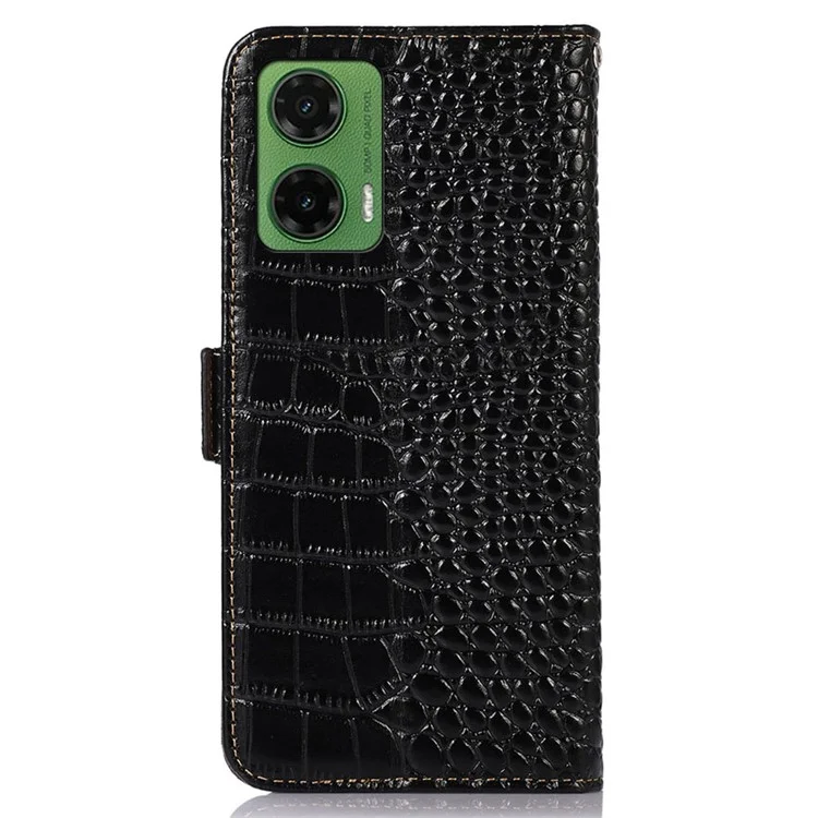 For Motorola Moto G35 5G Crocodile Texture Genuine Cowhide Leather Wallet Phone Case - Black