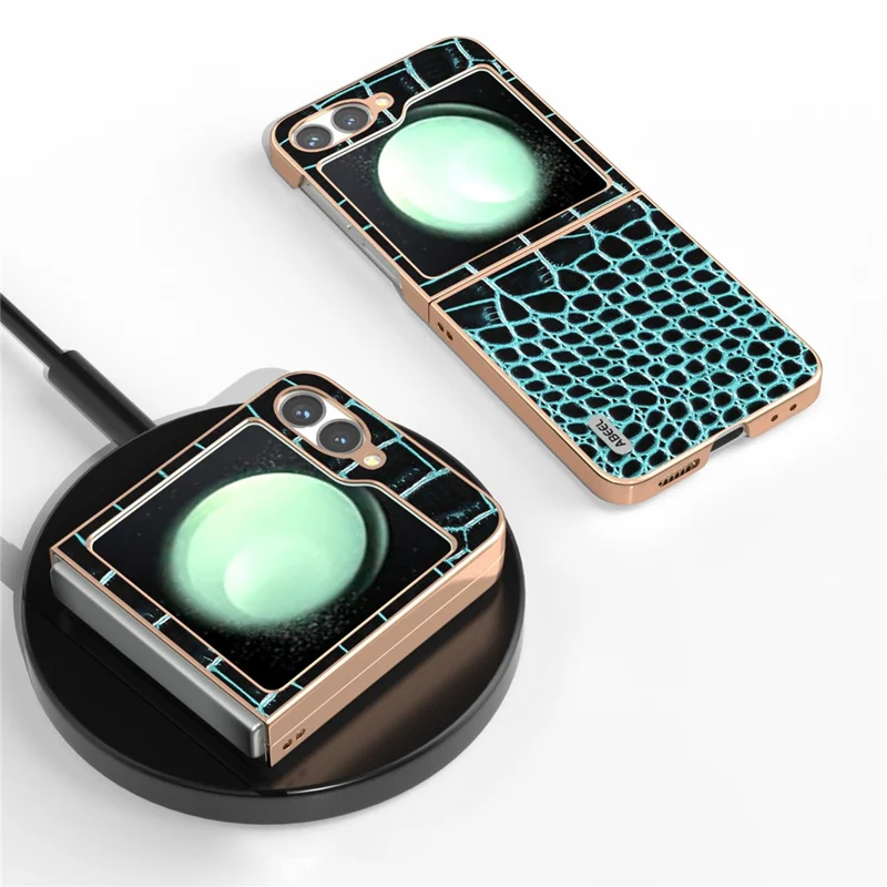 ABEEL Hülle für Samsung Galaxy Z Flip6 5G, Elektroplattierung Rand Krokodilleder-Textur, echtes Rindsleder Backcover - Mitternachtsgrün