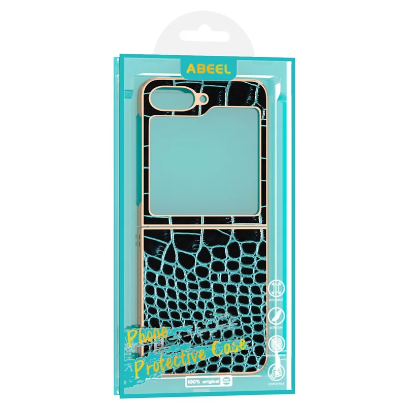 ABEEL Hülle für Samsung Galaxy Z Flip6 5G, Elektroplattierung Rand Krokodilleder-Textur, echtes Rindsleder Backcover - Mitternachtsgrün