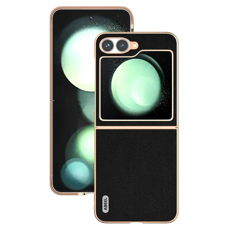 ABEEL Hülle für Samsung Galaxy Z Flip6 5G, Elektroplattierung Rand, echtes Rindsleder + PC-Telefon-Cover - Schwarz
