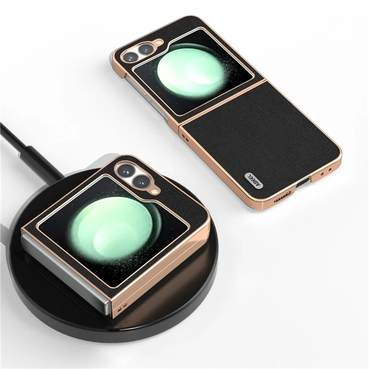 ABEEL Hülle für Samsung Galaxy Z Flip6 5G, Elektroplattierung Rand, echtes Rindsleder + PC-Telefon-Cover - Schwarz