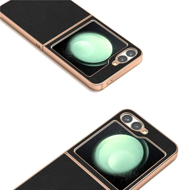 ABEEL Hülle für Samsung Galaxy Z Flip6 5G, Elektroplattierung Rand, echtes Rindsleder + PC-Telefon-Cover - Schwarz