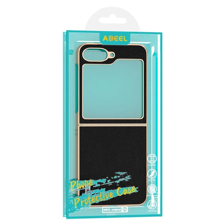 ABEEL Hülle für Samsung Galaxy Z Flip6 5G, Elektroplattierung Rand, echtes Rindsleder + PC-Telefon-Cover - Schwarz